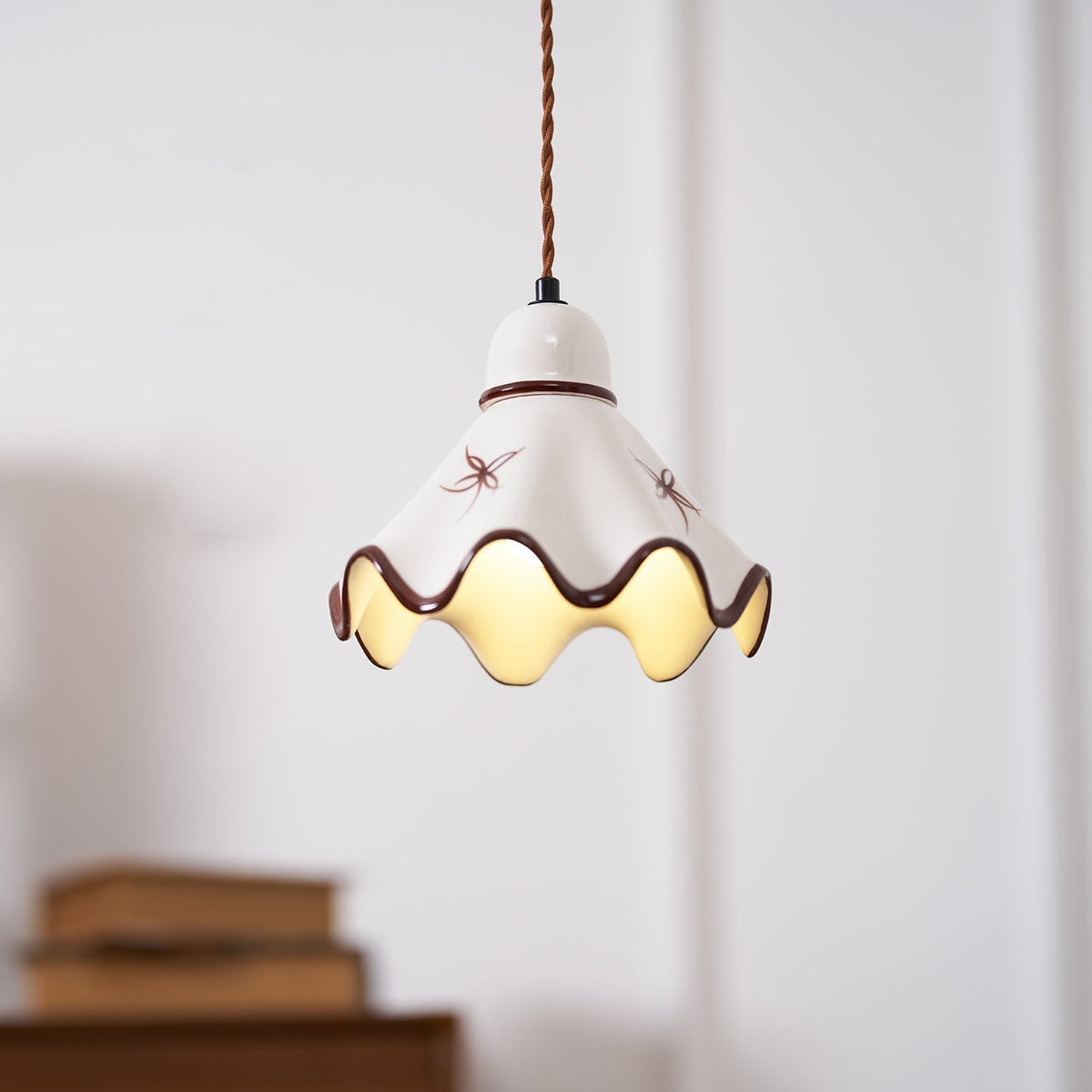 Pendant Lamp Ceramic Wavy Shade Rustic Brown Trim Retro Farmhouse-Neutral Decor