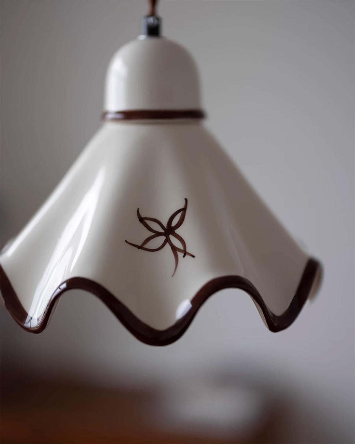 Pendant Lamp Ceramic Wavy Shade Rustic Brown Trim Retro Farmhouse-Neutral Decor