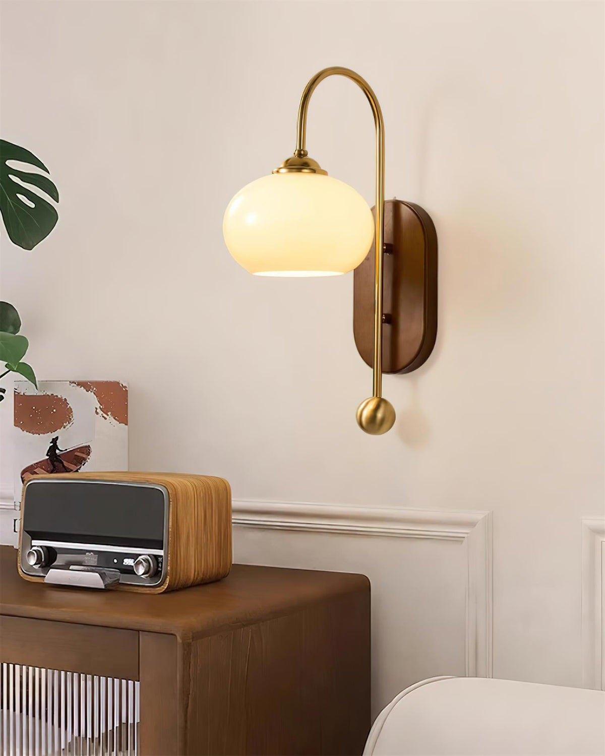 Wall Lamp Metal and Glass Smooth Globe with Wooden Backplate-Neutral Decor