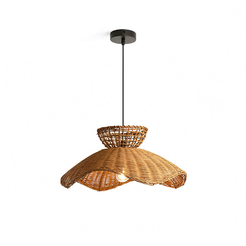 Jumbo Pendant Light in brown rattan with a scalloped edge, shown from the front.