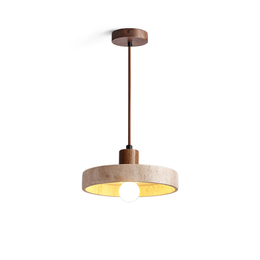 Kairi Pendant Lamp with a single travertine shade and wood accent.