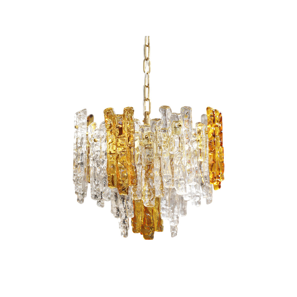 Kalmar Pendant Light with tiered textured glass and brass frame.