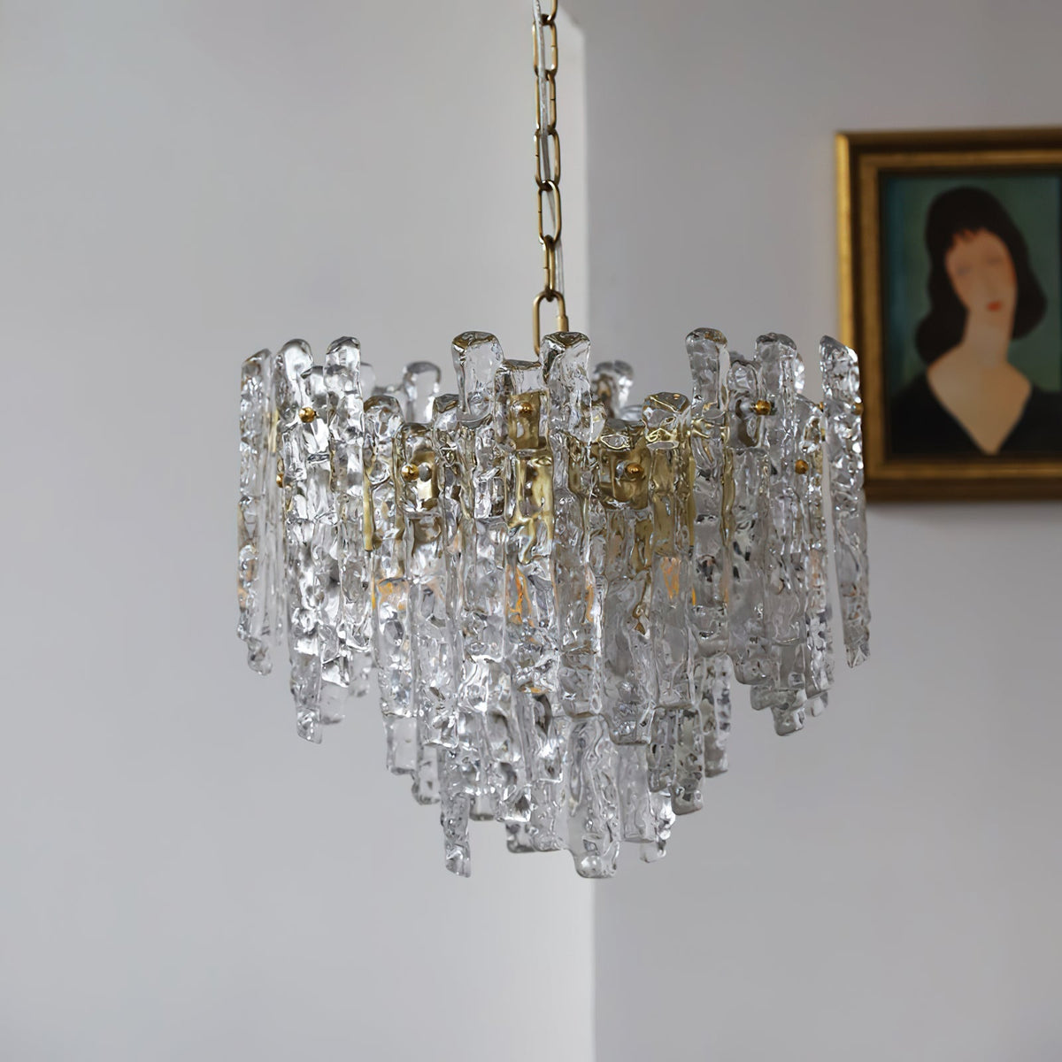 Close-up of the hand-crafted amber glass on the Kalmar Pendant Light.
