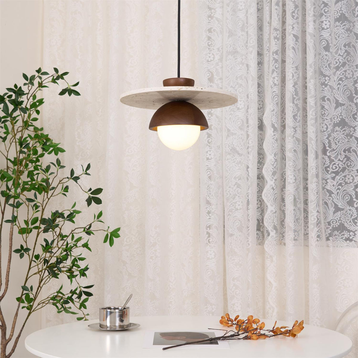 Calvion Pendant Light Travertine Wood Glass Globe-Neutral Decor