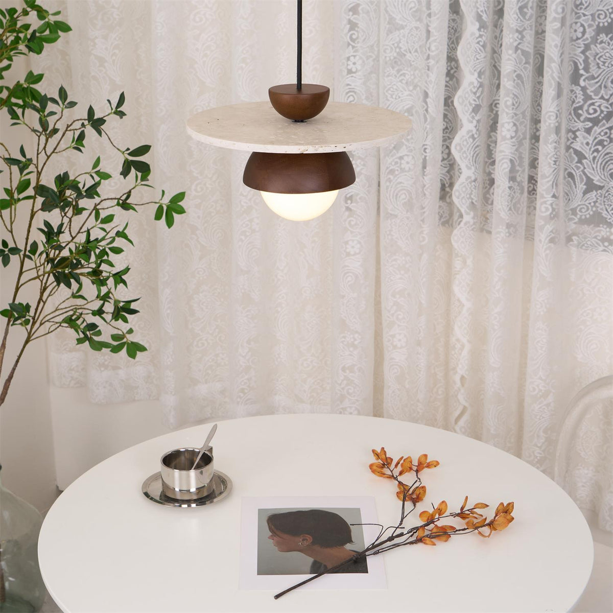 Calvion Pendant Light Travertine Wood Glass Globe-Neutral Decor