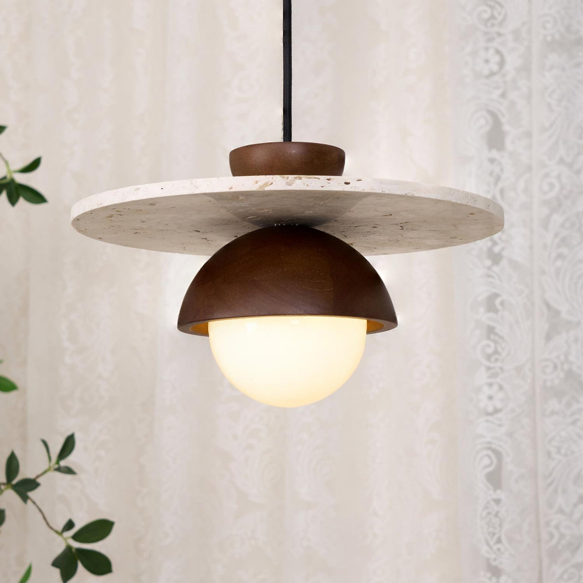 Calvion Pendant Light Travertine Wood Glass Globe-Neutral Decor