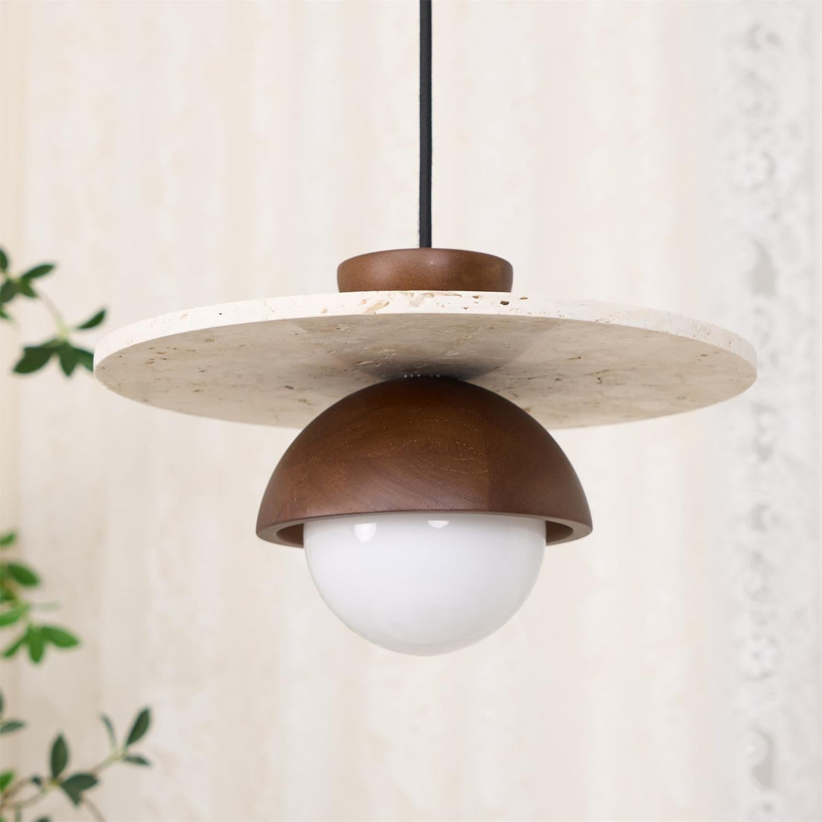 Calvion Pendant Light Travertine Wood Glass Globe-Neutral Decor