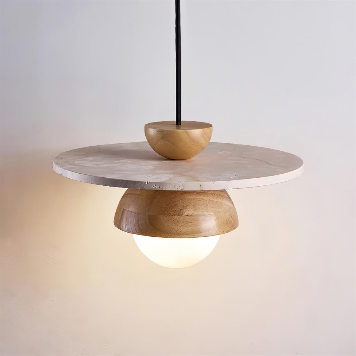 Calvion Pendant Light Travertine Wood Glass Globe-Neutral Decor