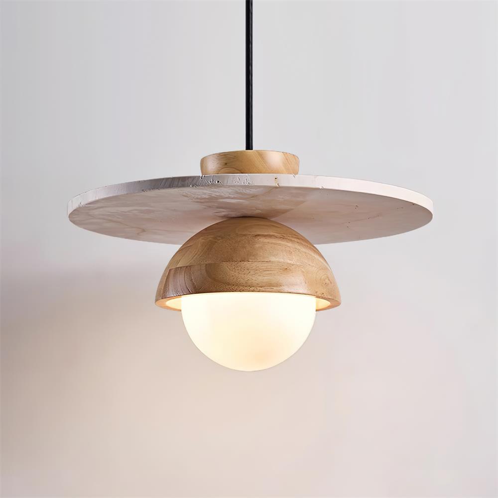 Calvion Pendant Light Travertine Wood Glass Globe-Neutral Decor