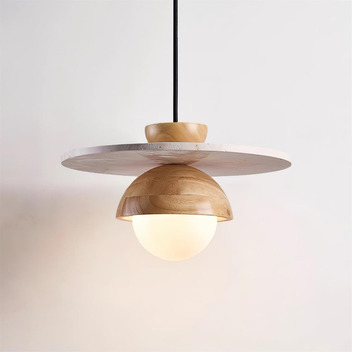 Calvion Pendant Light Travertine Wood Glass Globe-Neutral Decor