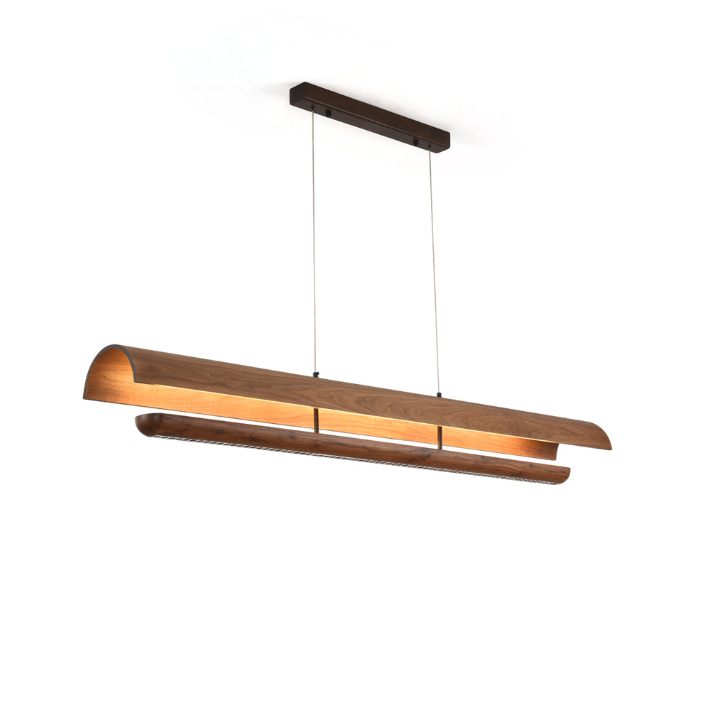 Kanoe Linear Chandelier in walnut wood finish, front view.
