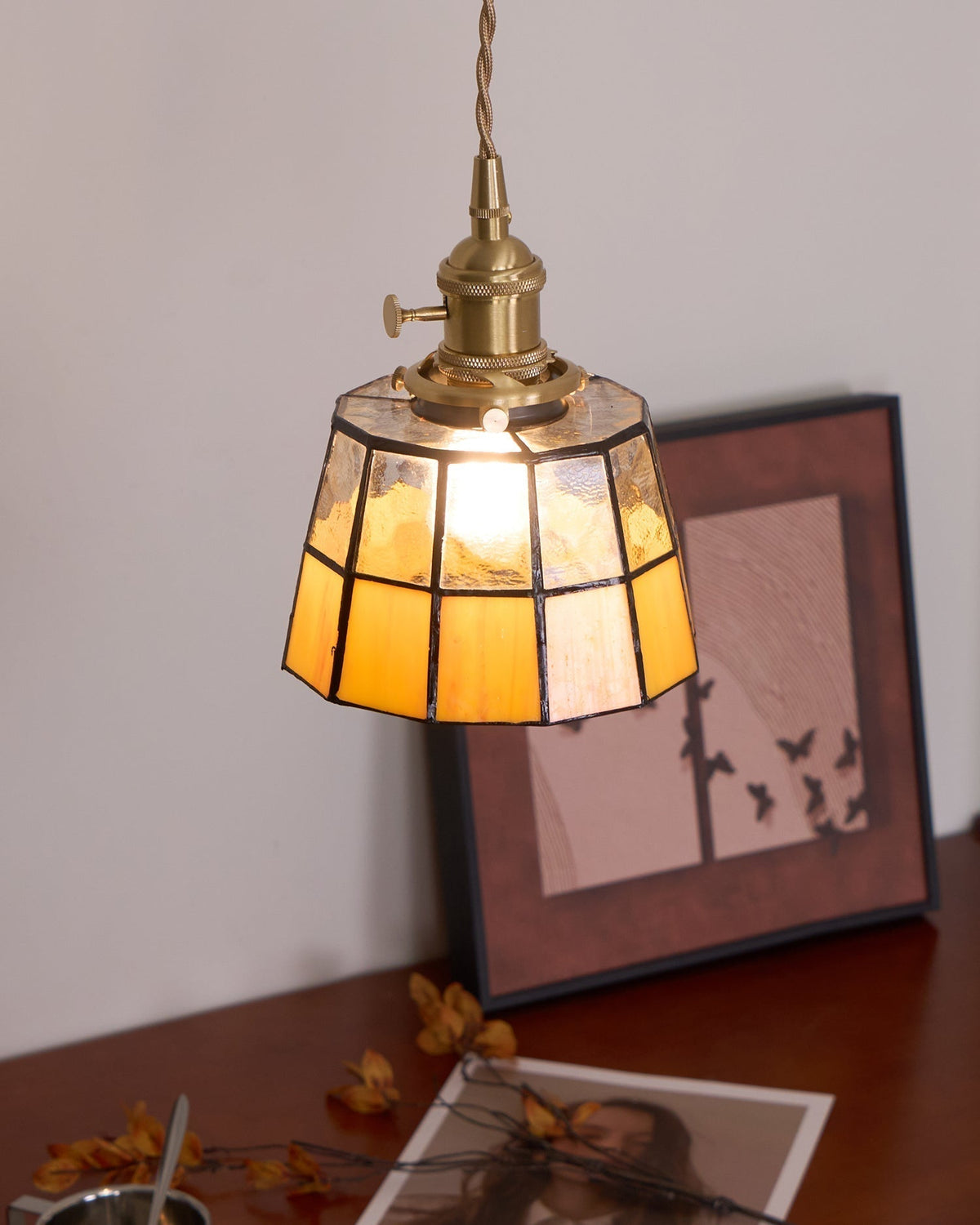 Pendant Lamp Stained Glass Shade Vintage Pattern Brass Retro-Neutral Decor