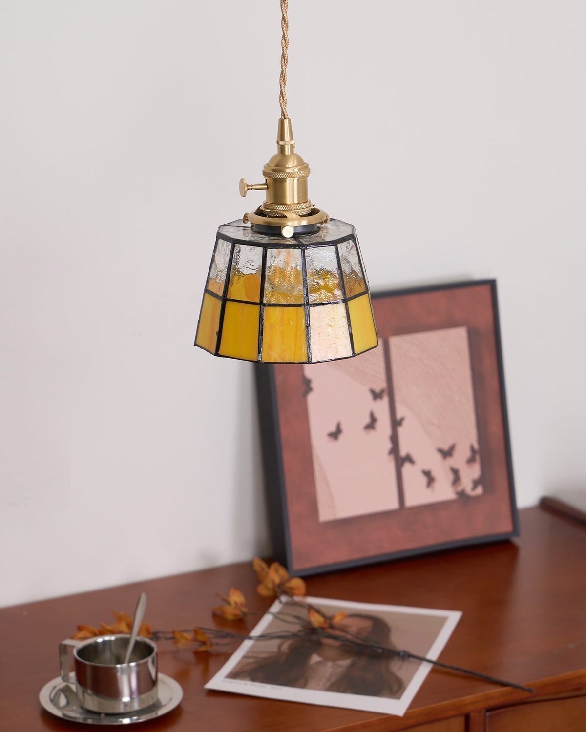 Pendant Lamp Stained Glass Shade Vintage Pattern Brass Retro-Neutral Decor