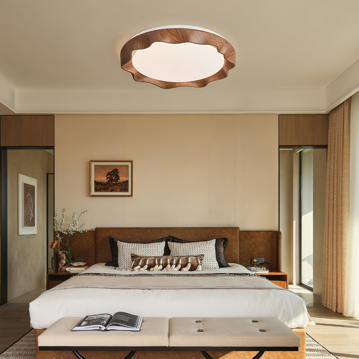 Angled view of the Kerio Ceiling Light in wood color, highlighting its wavy frame.