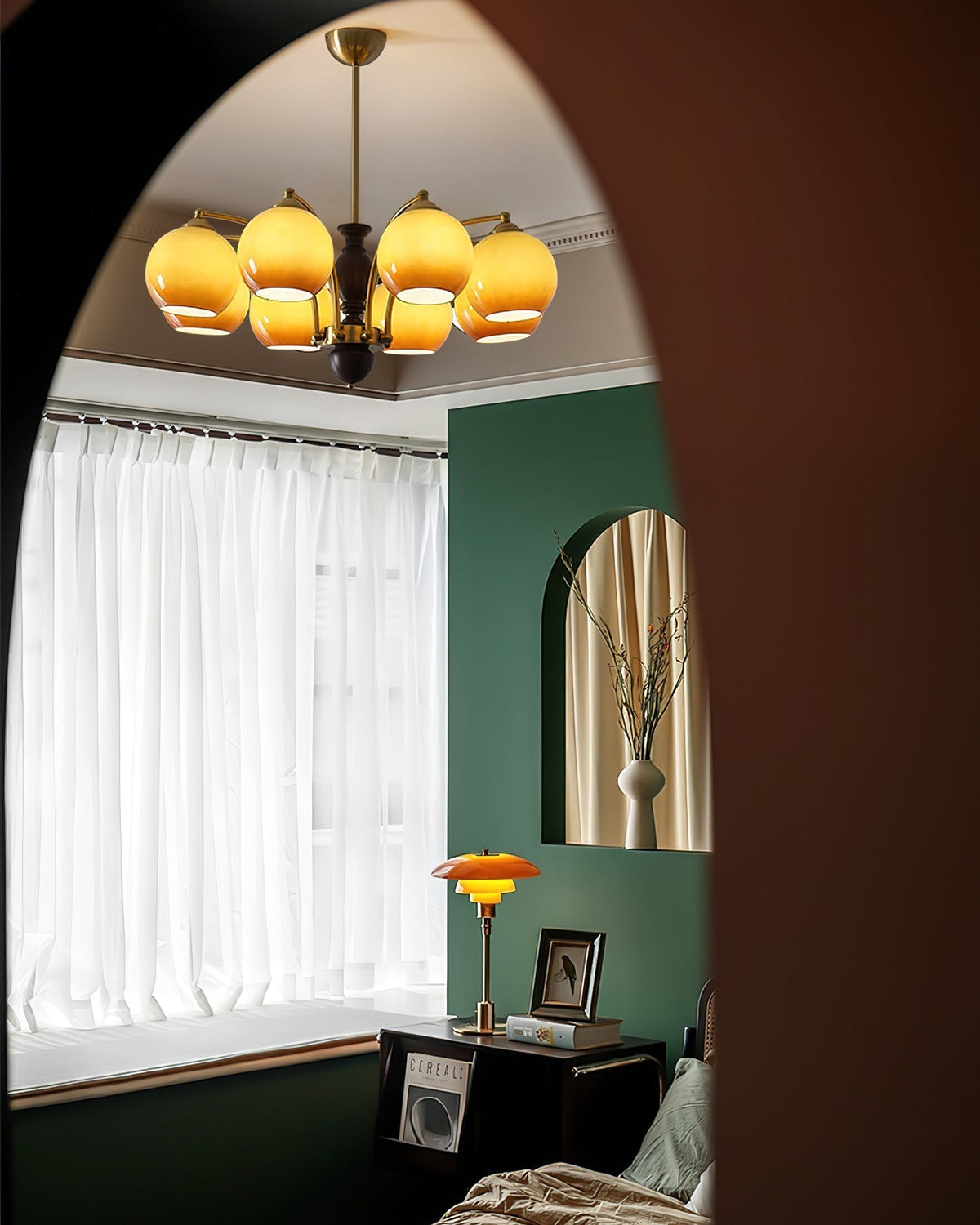 Chandelier Glass Shades Metal Frame Wood Accents Mid-Century Calm-Neutral Decor