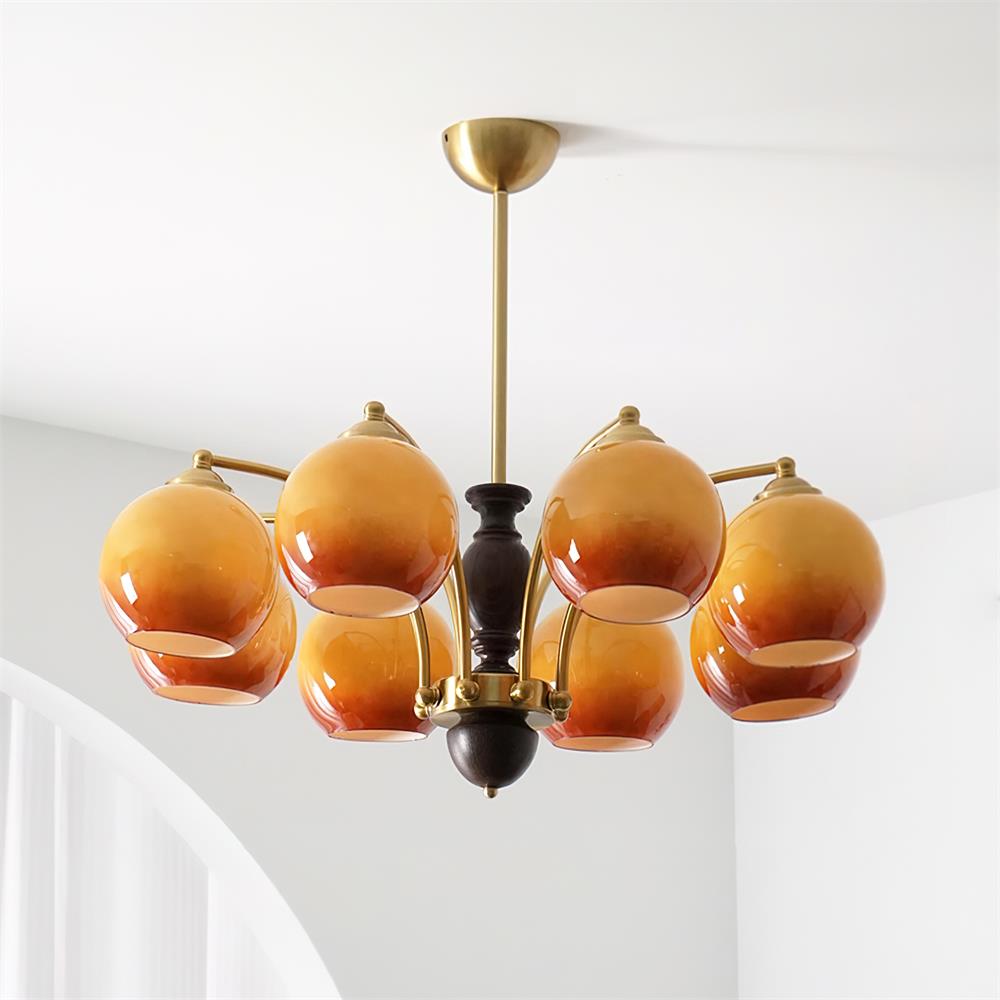 Chandelier Glass Shades Metal Frame Wood Accents Mid-Century Calm-Neutral Decor