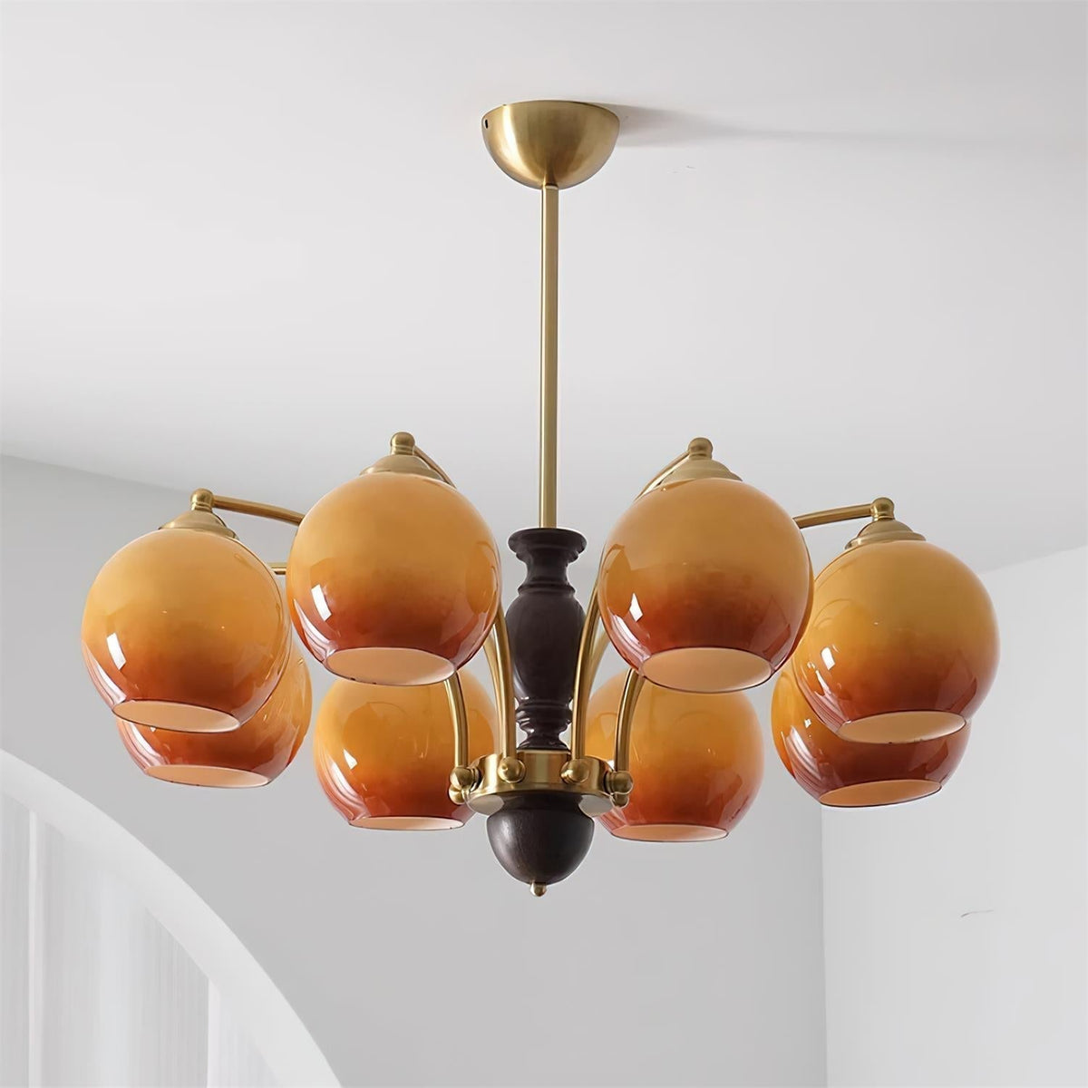 Chandelier Glass Shades Metal Frame Wood Accents Mid-Century Calm-Neutral Decor