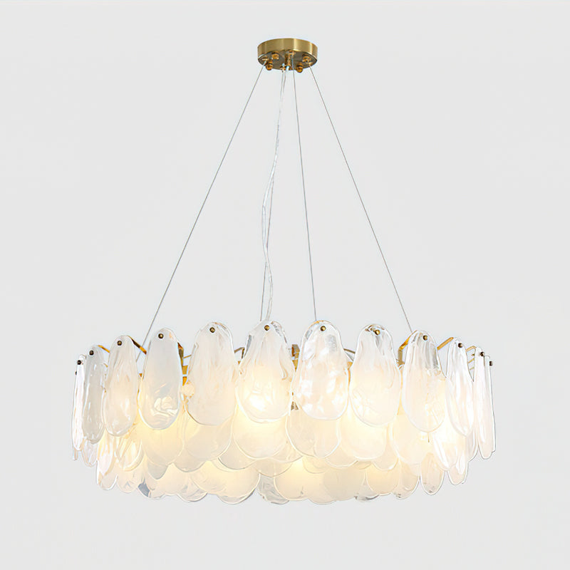 View from below the Leon Chandelier, showing the layered arrangement of the glass panels.