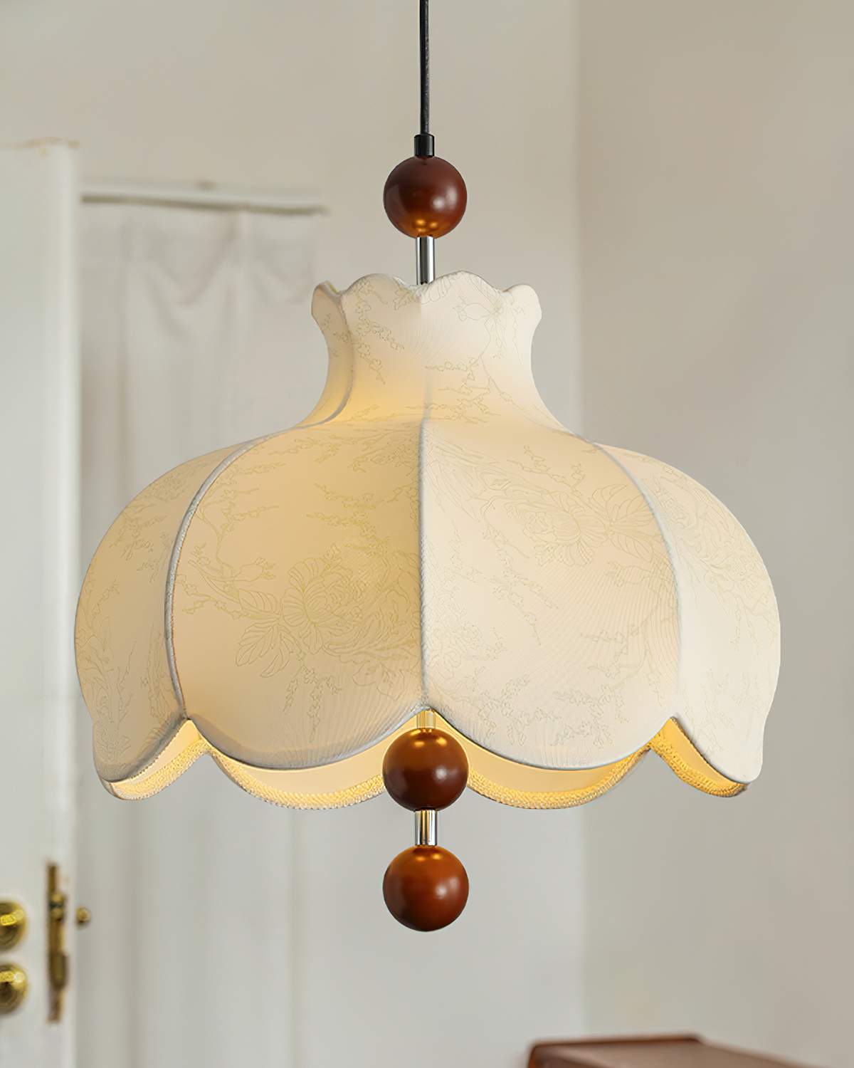 Pendant Lamp Fabric Shade Wood Accents Vintage for Living Room-Neutral Decor