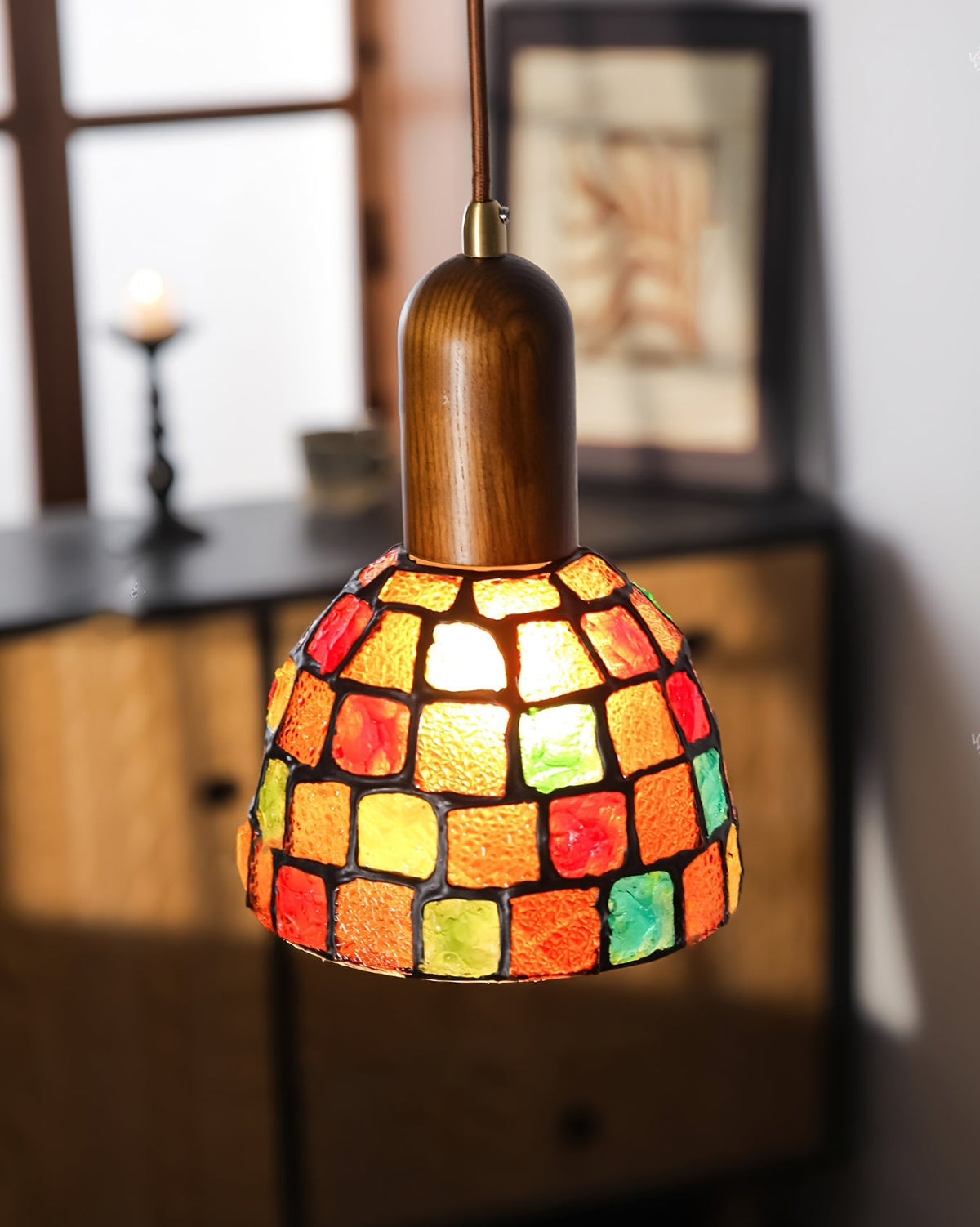 The mosaic glass shade of the Klima Pendant Light, unlit.
