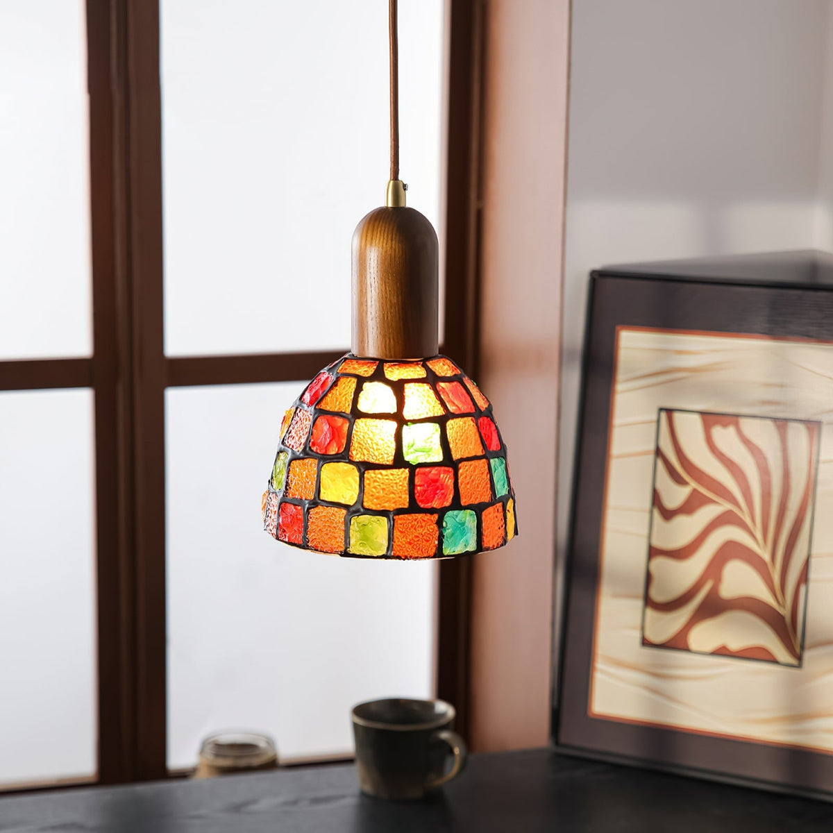 Close-up of the vibrant mosaic pattern on the Klima Pendant Light shade.