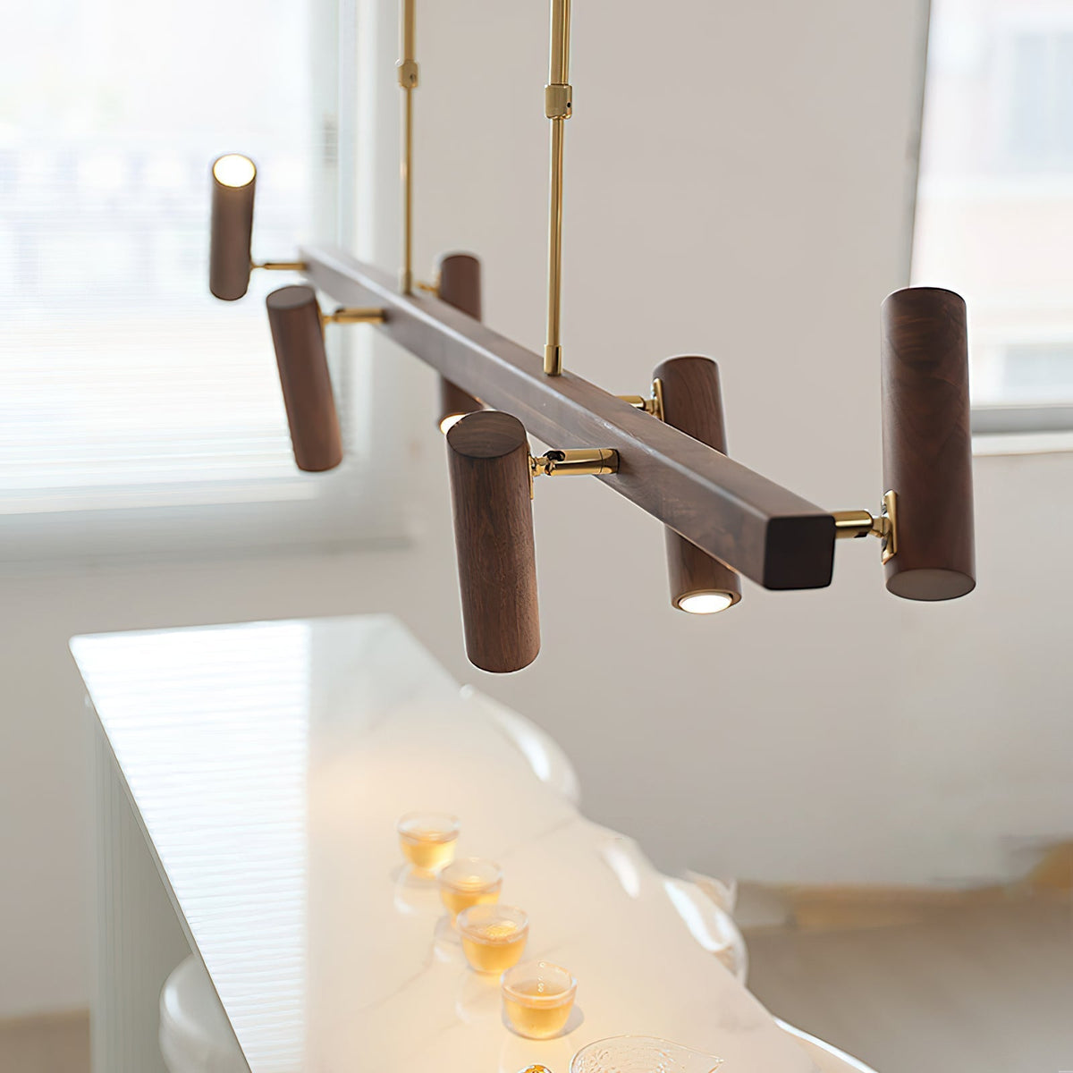 Angled view of the Konnect Wood Chandelier, highlighting its geometric silhouette.