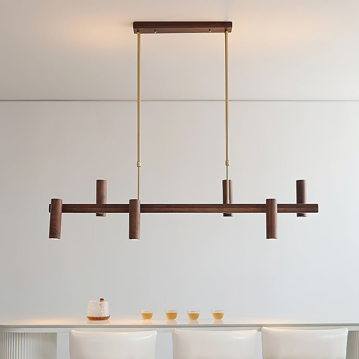The Konnect Wood Chandelier viewed from below, showing the light sources.