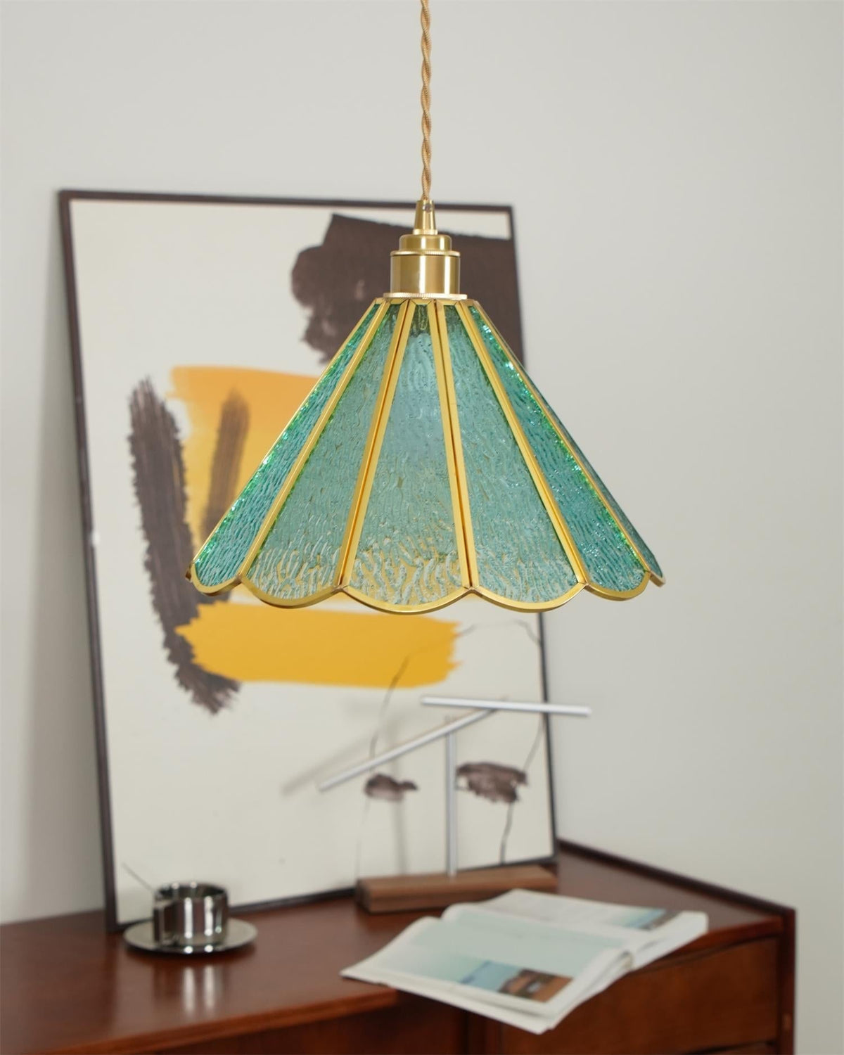Pendant Lamp Textured Blue Glass Scalloped Brass-Neutral Decor