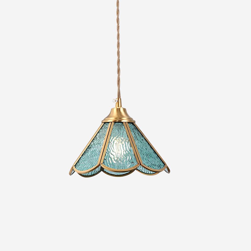 Pendant Lamp Textured Blue Glass Scalloped Brass-Neutral Decor