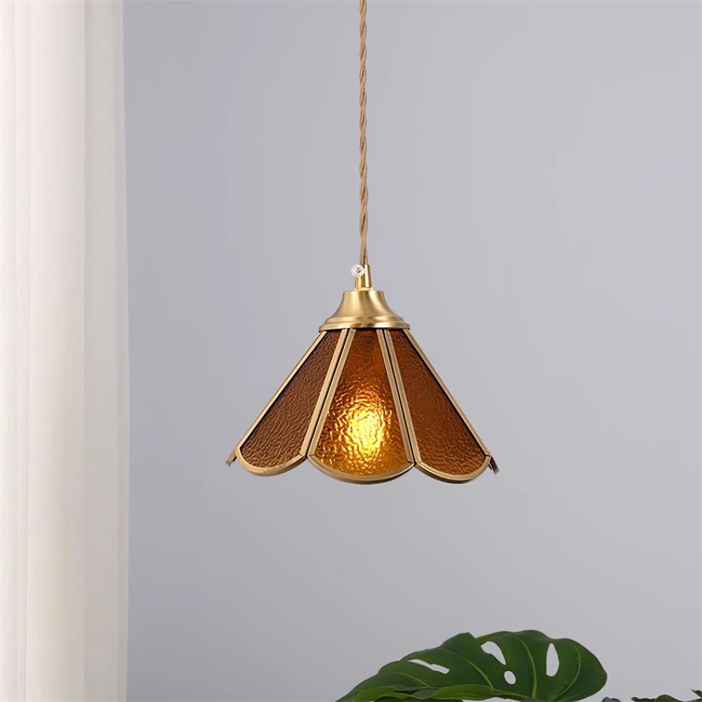 Pendant Lamp Textured Blue Glass Scalloped Brass-Neutral Decor