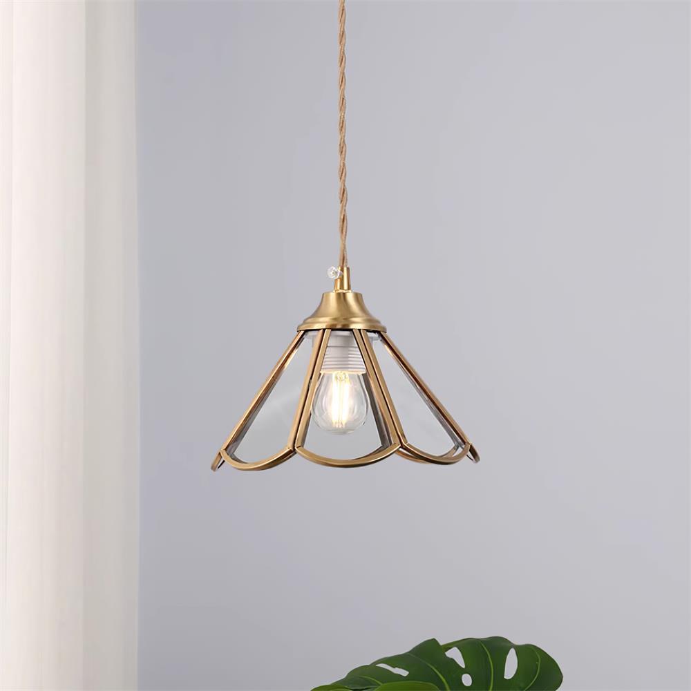 Pendant Lamp Textured Blue Glass Scalloped Brass-Neutral Decor