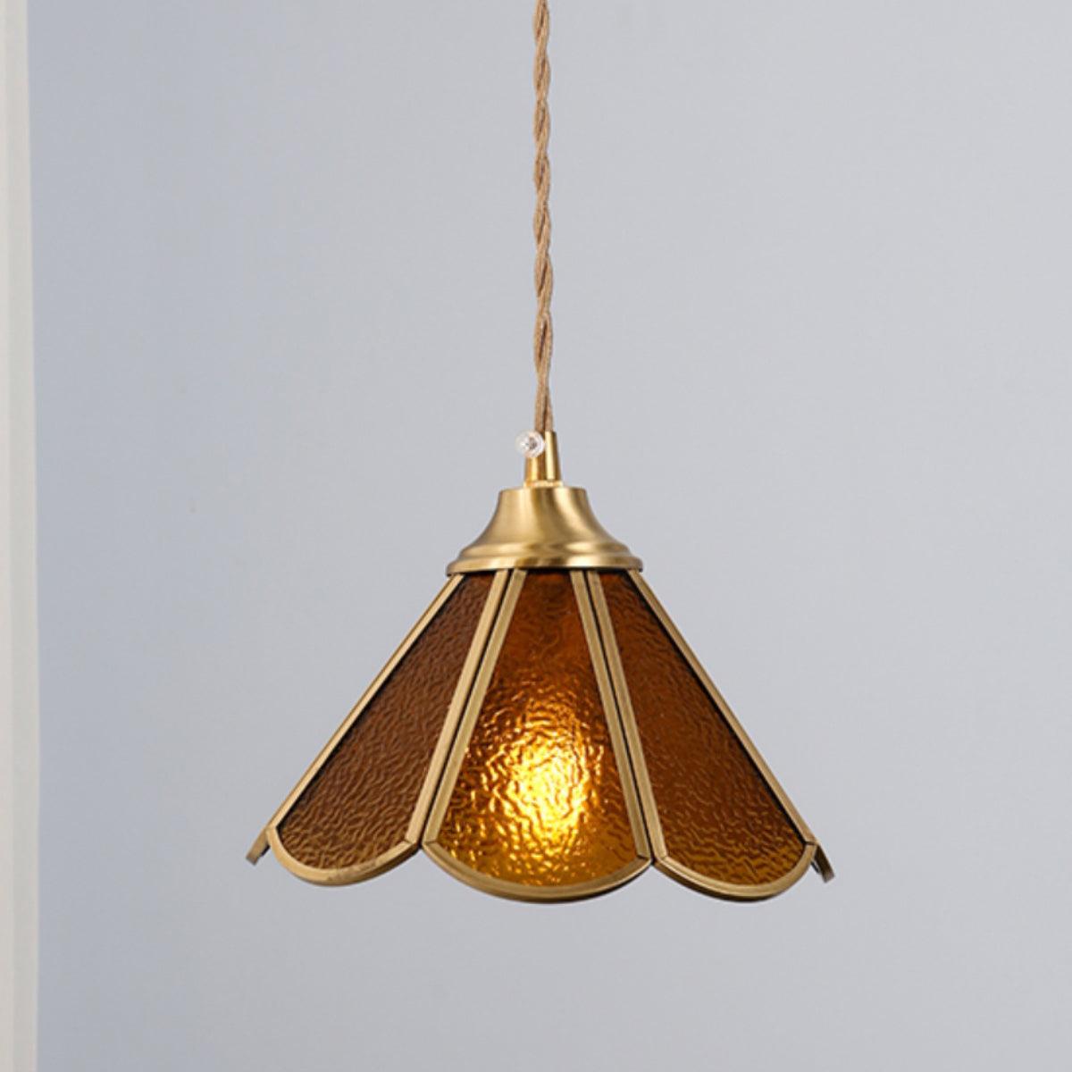 Pendant Lamp Textured Blue Glass Scalloped Brass-Neutral Decor