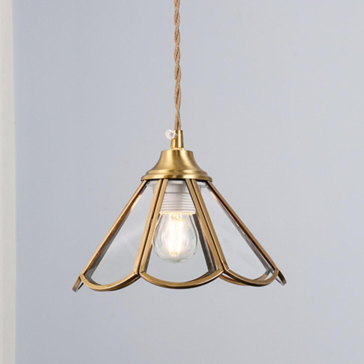 Pendant Lamp Textured Blue Glass Scalloped Brass-Neutral Decor