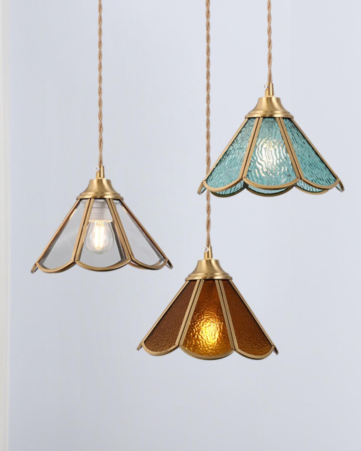 Pendant Lamp Textured Blue Glass Scalloped Brass-Neutral Decor