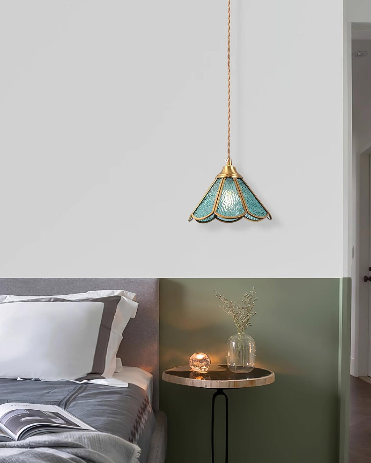 Pendant Lamp Textured Blue Glass Scalloped Brass-Neutral Decor