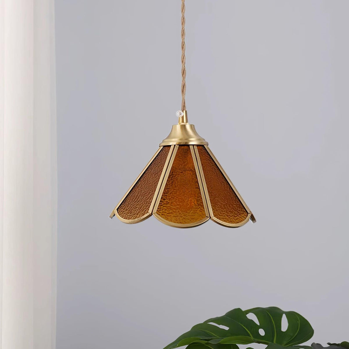 Pendant Lamp Textured Blue Glass Scalloped Brass-Neutral Decor