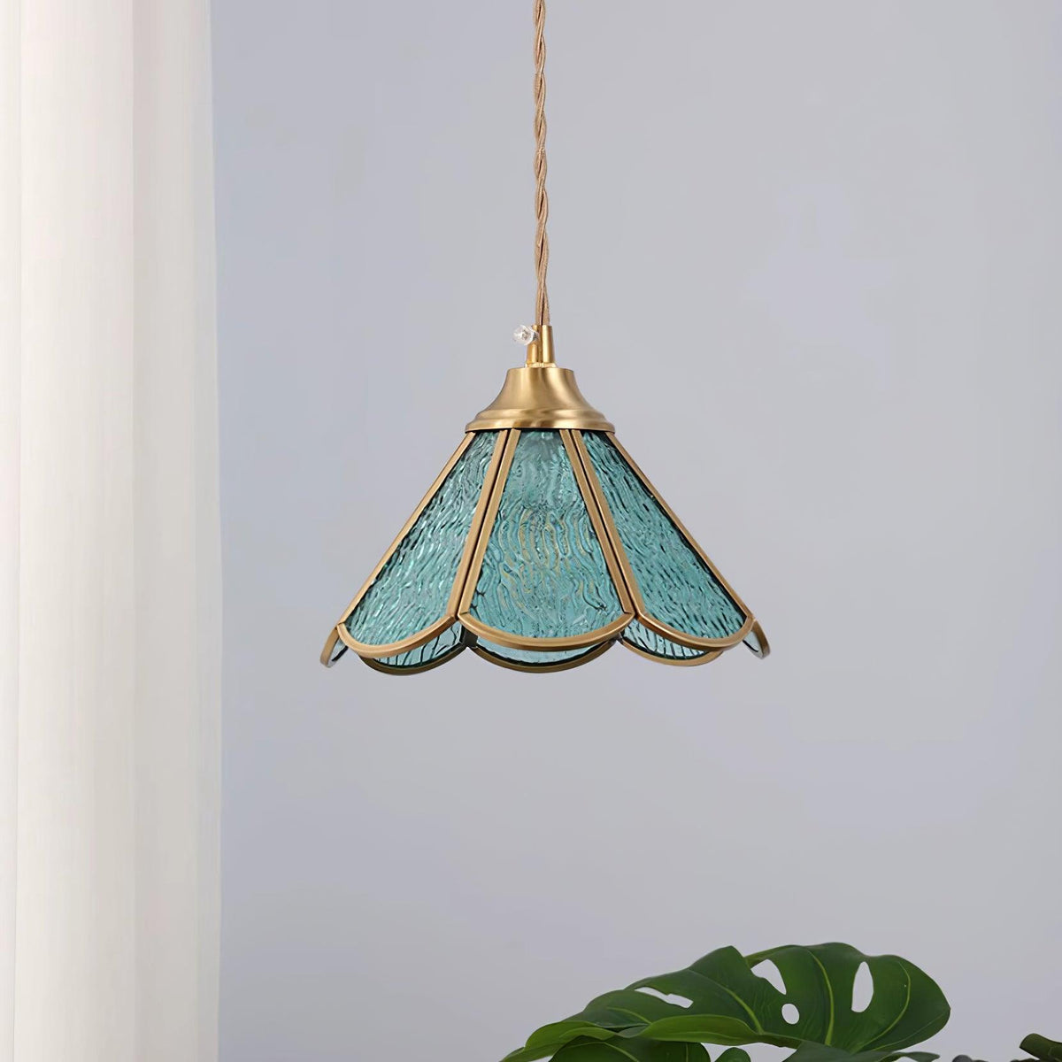 Pendant Lamp Textured Blue Glass Scalloped Brass-Neutral Decor