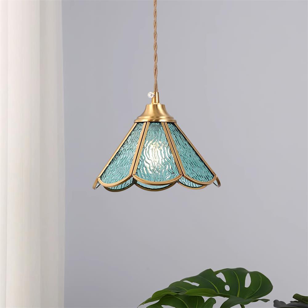 Pendant Lamp Textured Blue Glass Scalloped Brass-Neutral Decor