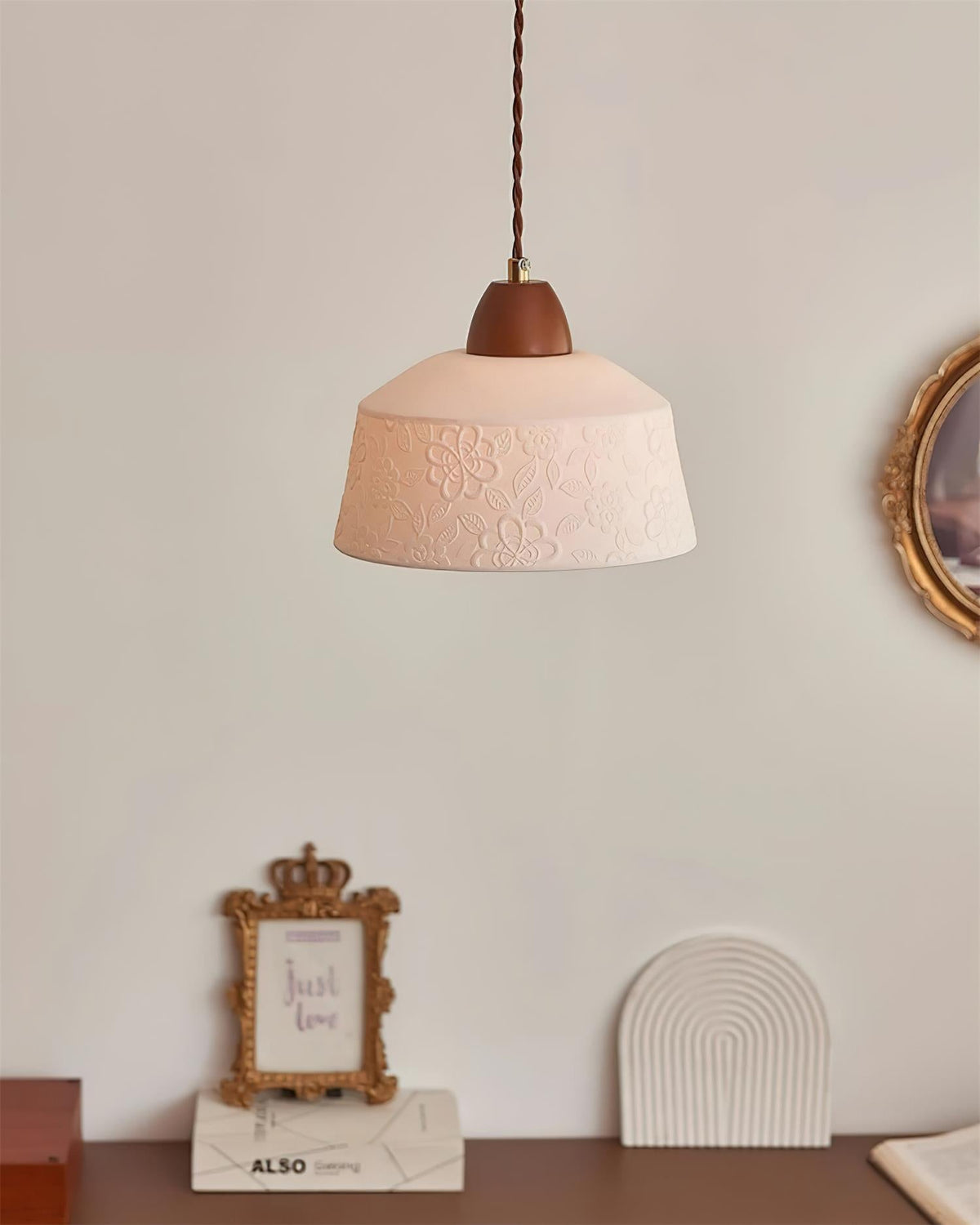Pendant Lamp Textured Ceramic Drum Walnut Wood Retro-Neutral Decor