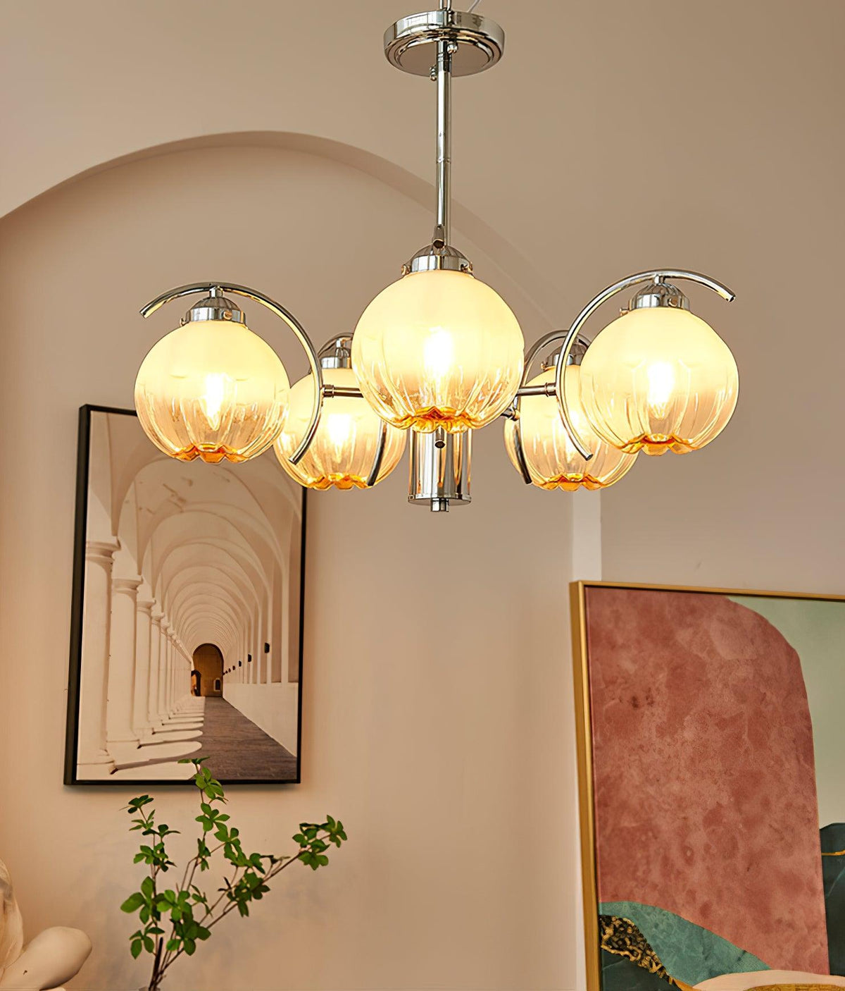 Lustre Bras Courbés en Chrome avec Abat-jours en Globe Givré