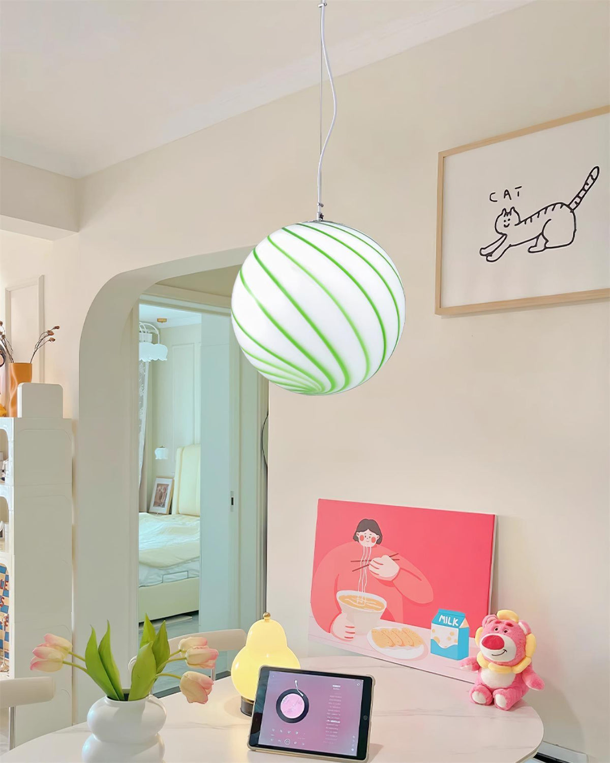 Kairo Pendant Lamp Glass Globe Light with Green Swirl Stripes-Neutral Decor