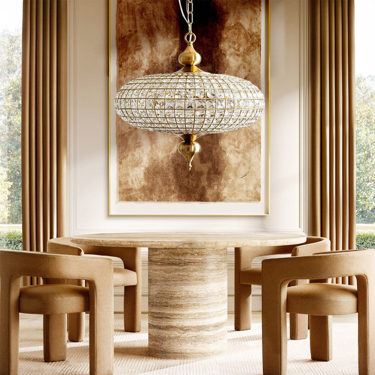 Lucille Crystal Pendant Light illuminated in a modern living room.