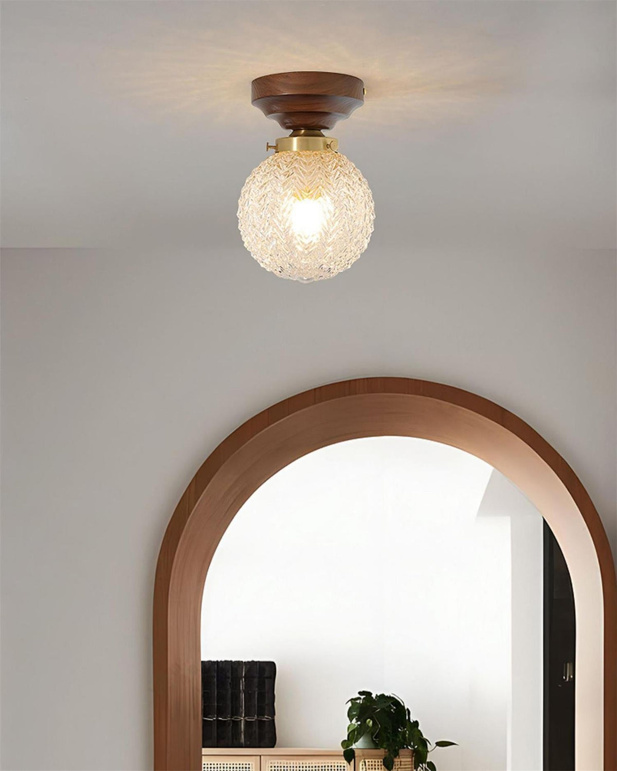 Ceiling Light Globe Shade Clear Glass Walnut Wood Canopy Brass-Neutral Decor