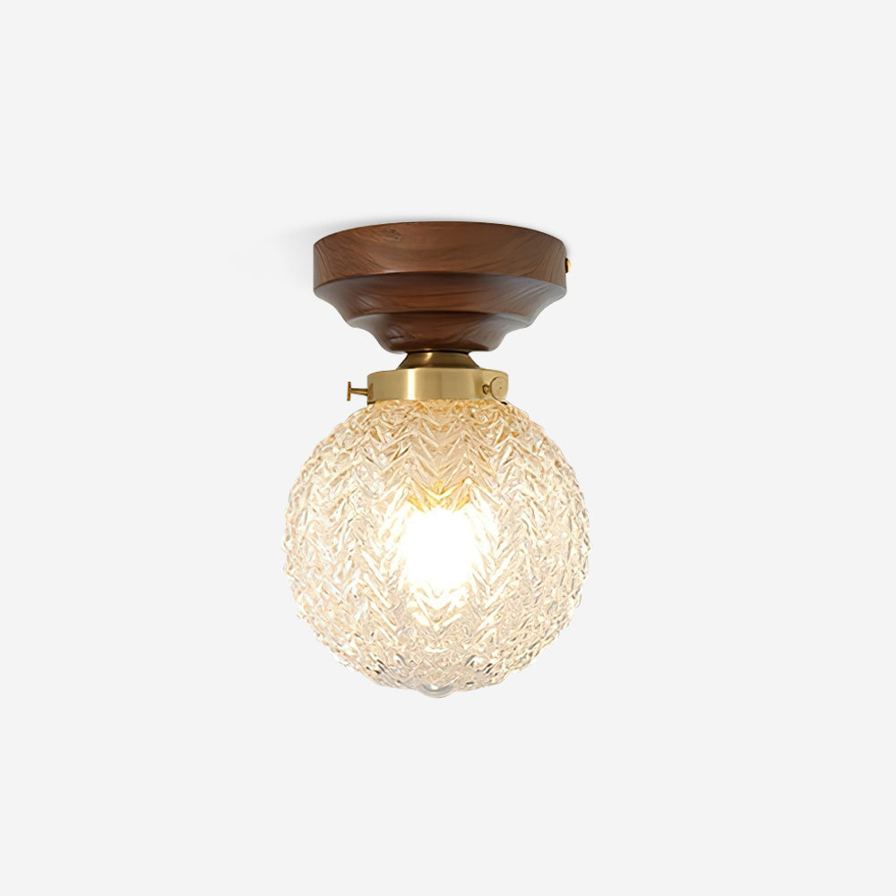 Ceiling Light Globe Shade Clear Glass Walnut Wood Canopy Brass-Neutral Decor