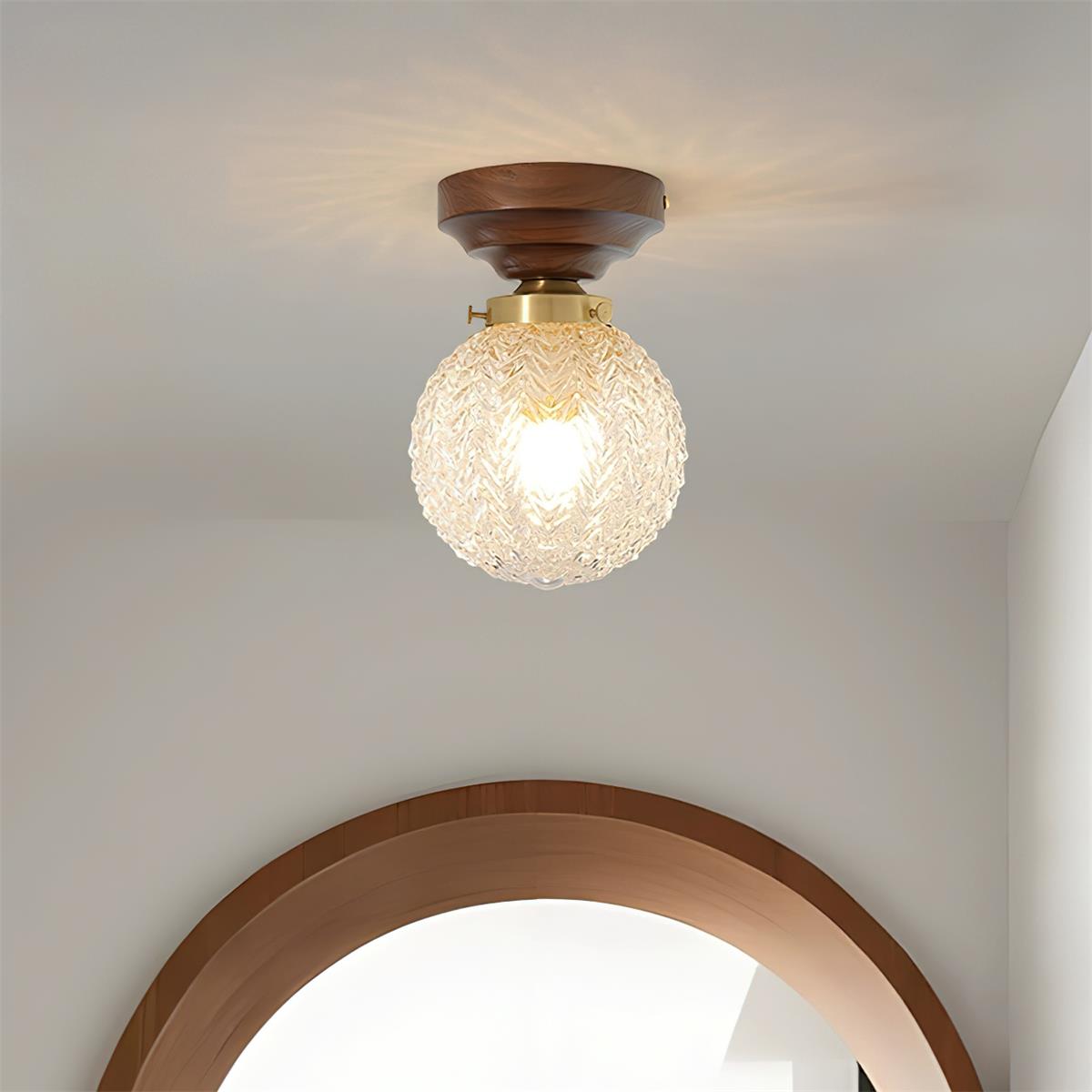 Ceiling Light Globe Shade Clear Glass Walnut Wood Canopy Brass-Neutral Decor