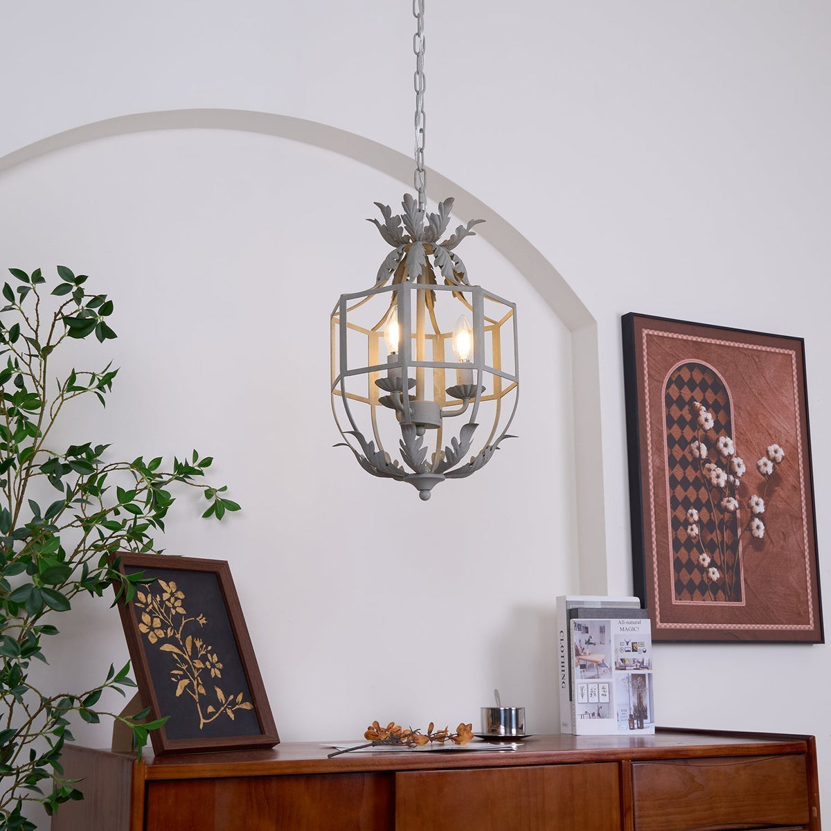 Zorivia Lustre Rétro Cage Grise Bougie