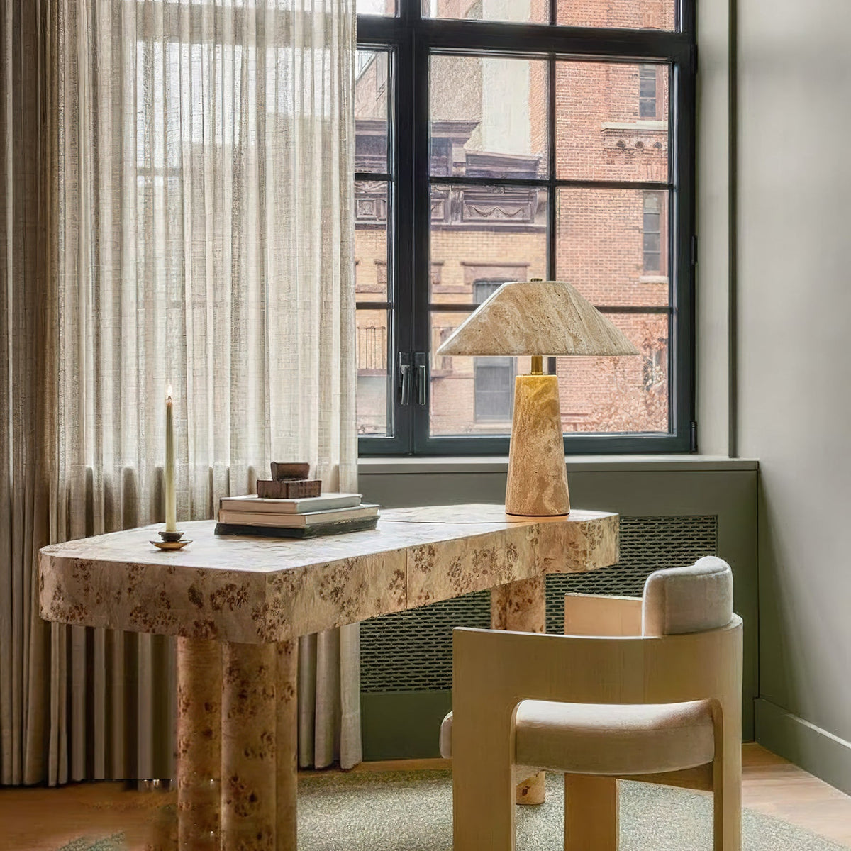 Close-up of the Lydia Table Lamp's natural travertine stone texture.