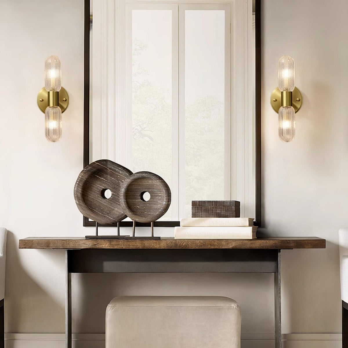 Eira Brass and Textured Glass Double Light Wall Sconce-Neutral Decor