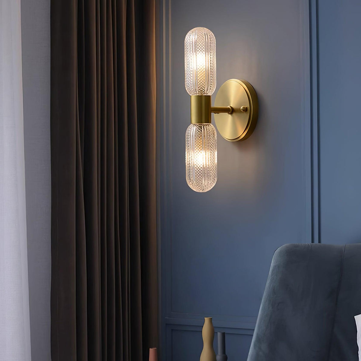 Eira Brass and Textured Glass Double Light Wall Sconce-Neutral Decor