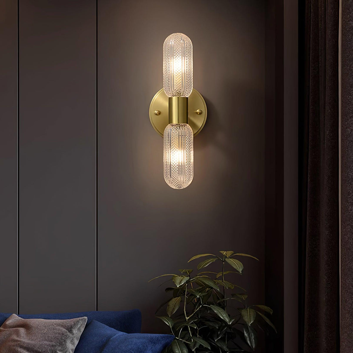Eira Brass and Textured Glass Double Light Wall Sconce-Neutral Decor
